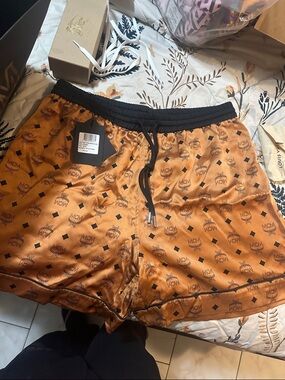 MCM Men's Logo Satin Athletic Shorts - Brown with Black Waistband